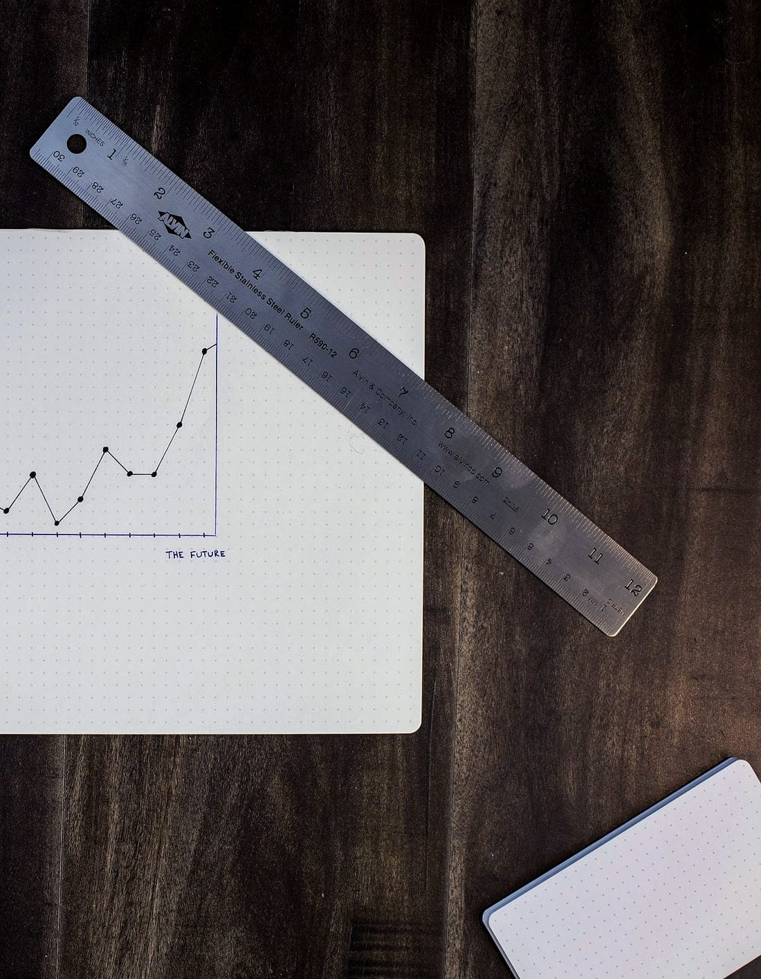 A chart sketched by hand in a notebook beside a pen and rule