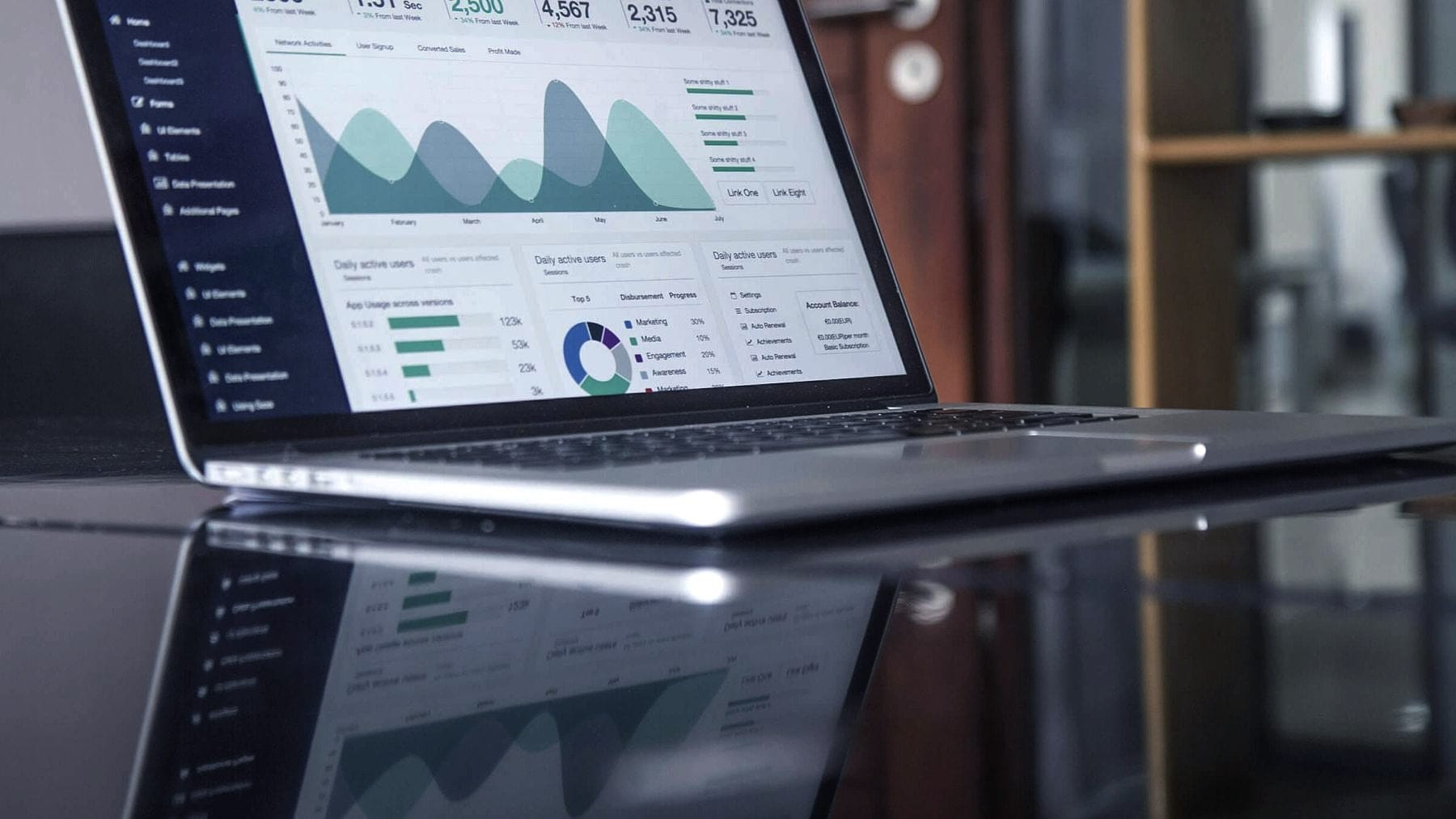 A laptop showing a reporting dashboard on a desk