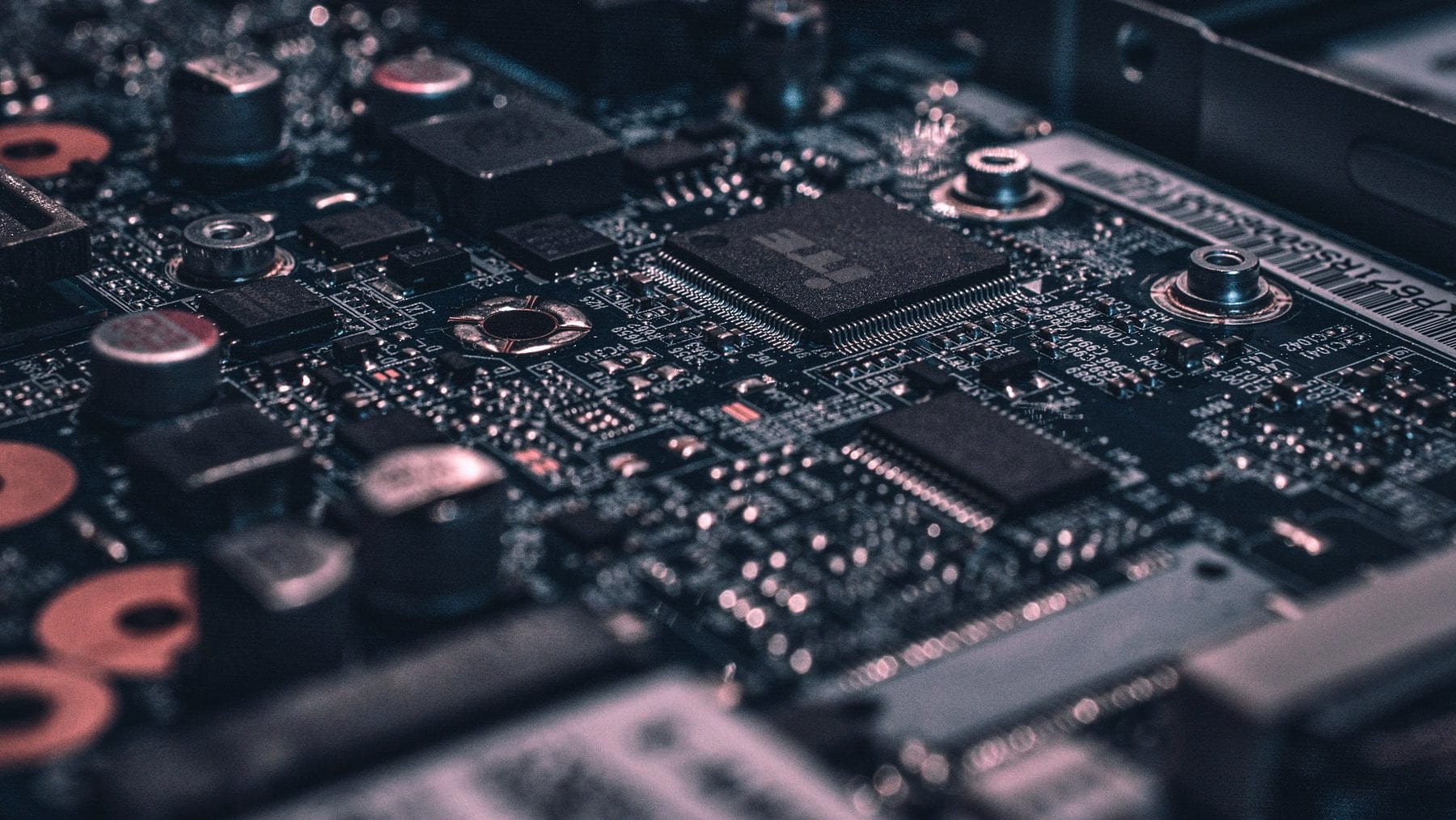 A circuit board at macro distance, tracks running between components