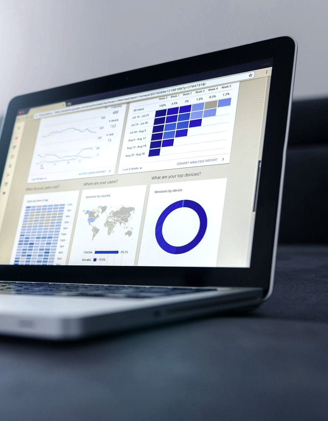 A laptop showing a dashboard built around a world map