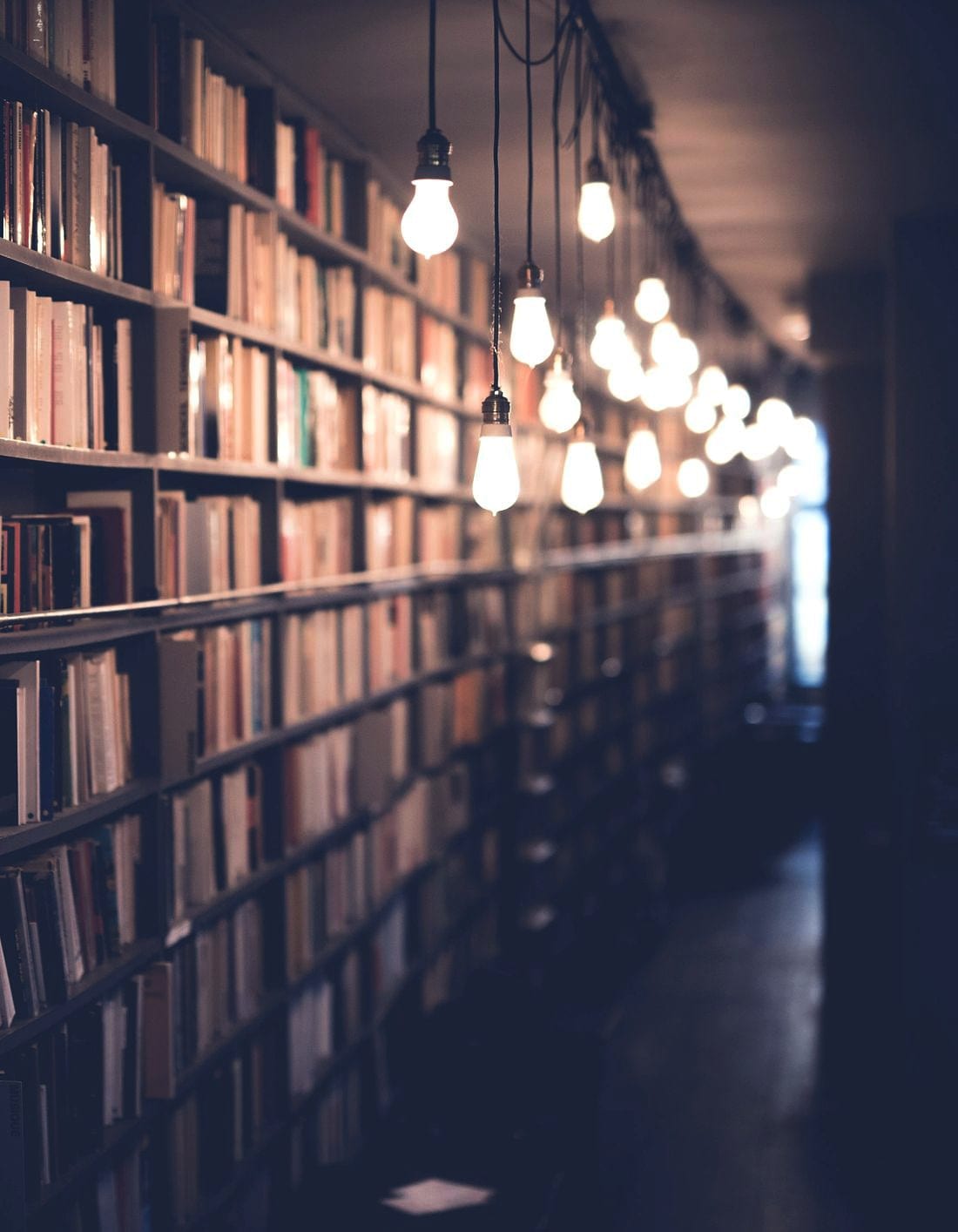 A long library corridor lit by hanging bulbs between the stacks