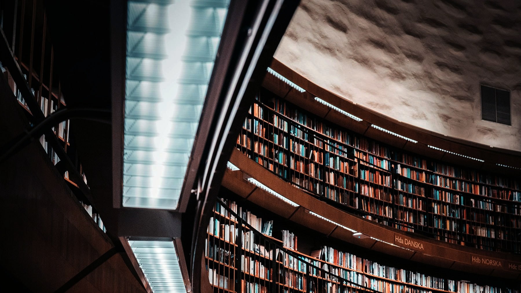 The curved upper gallery of a library, shelves following the wall